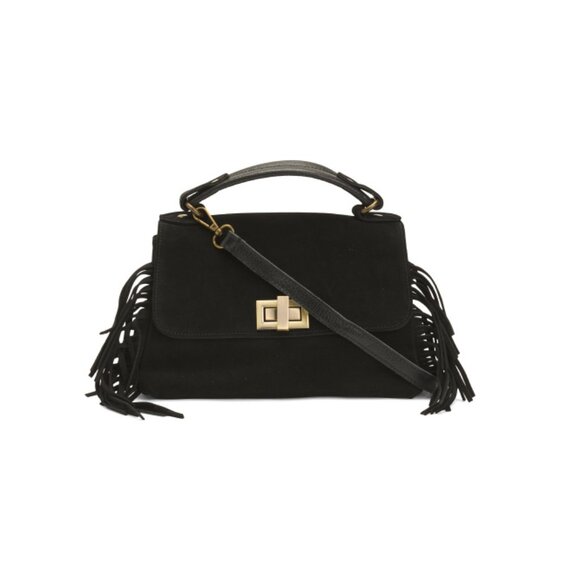 MARLON NERO Made In Italy Suede Flap Over Small Satchel With Corner Fringe